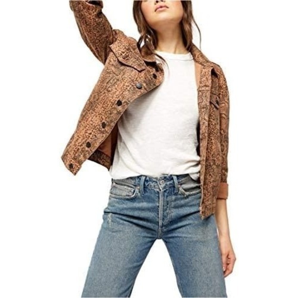 Free People Women's Faux Snake‎ Skin Trucker Jacket - Brown - (XS )